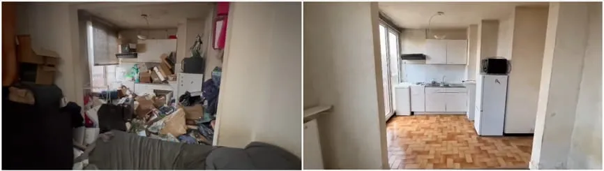 Pièce sombre encombrée, retrouvée vide et saine